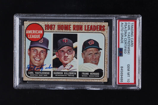 Carl Yastrzemski Signed 1968 Topps #6 AL Home Run Leaders / Harmon Killebrew / Frank Howard Autograph Grade PSA 10