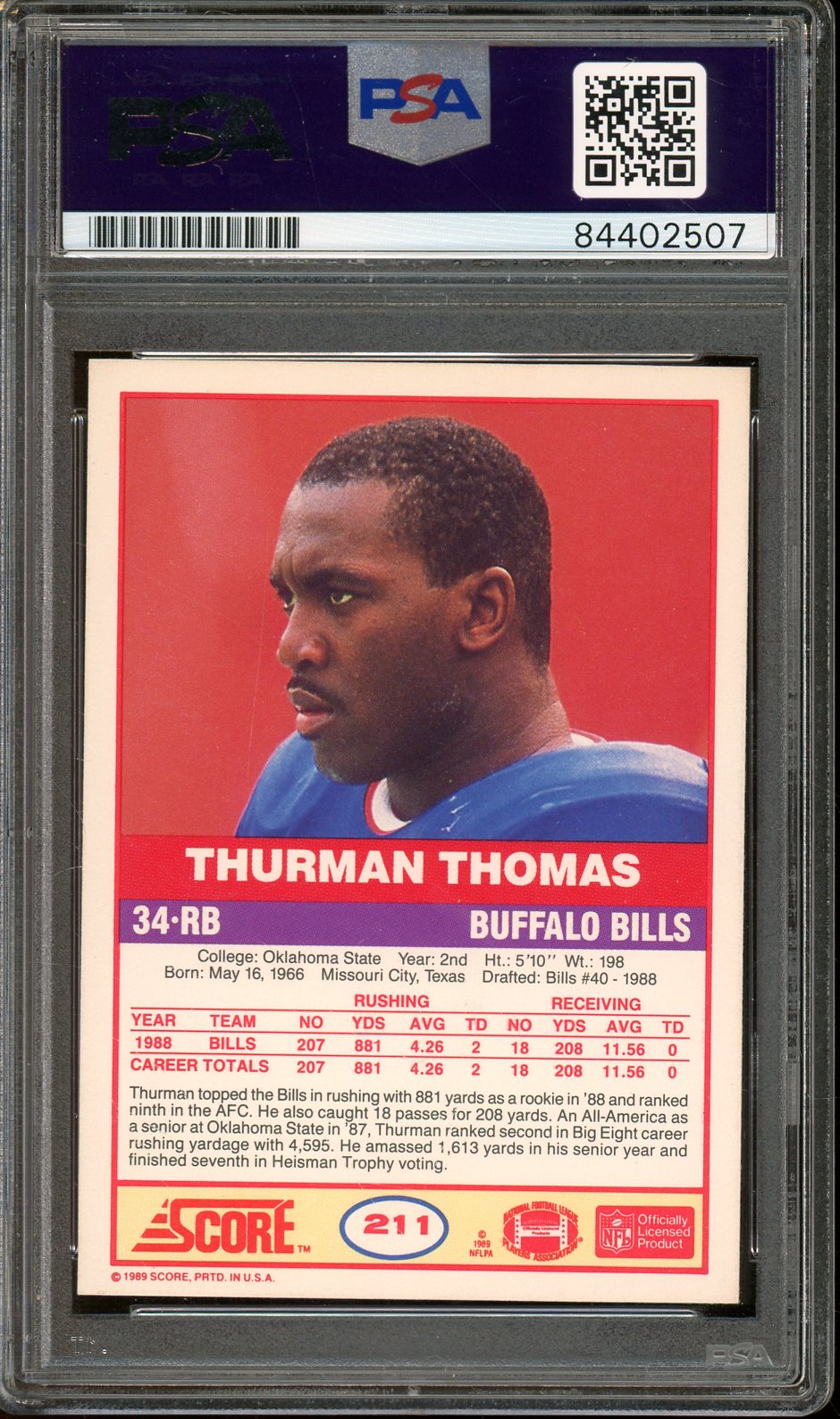 Thurman Thomas Signed 1989 Score #211- PSA/DNA Authentic - Rookie Card