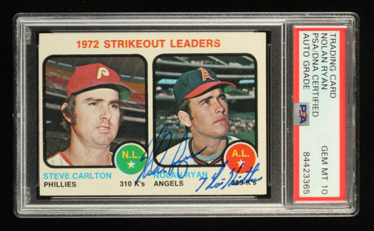 Nolan Ryan Signed Steve Carlton / Nolan Ryan 1973 Topps #67 Strikeout Leaders Inscribed "7 No- Hitters"(PSA) - Autograph Graded PSA 10