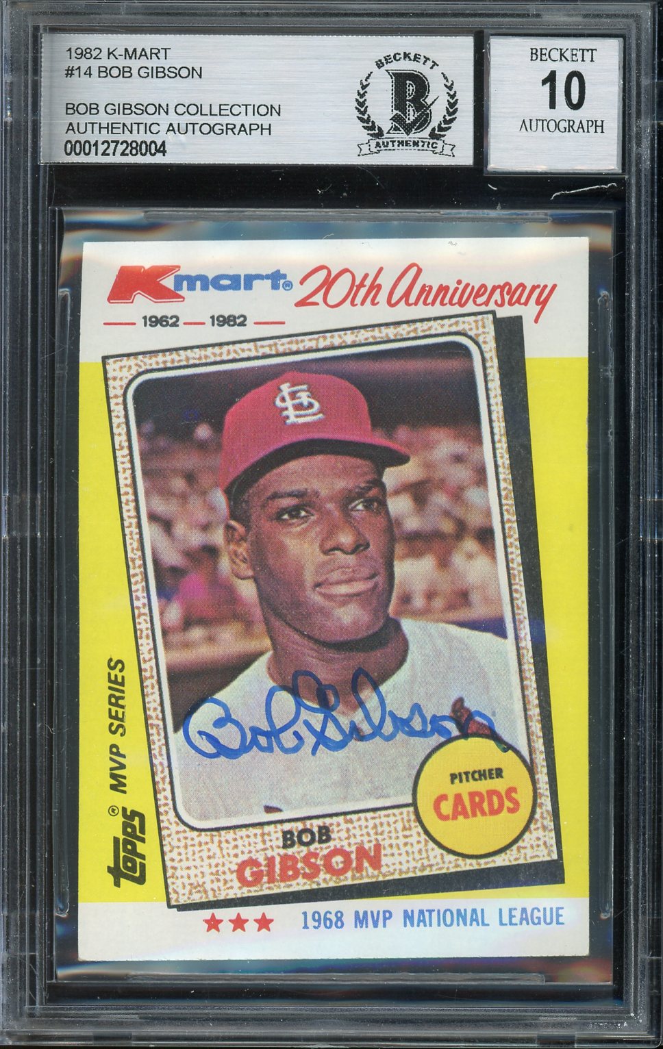 Bob Gibson Signed 1982 Topps K-Mart Baseball Card #14 - Auto Graded 10! (BAS Encapsulated)