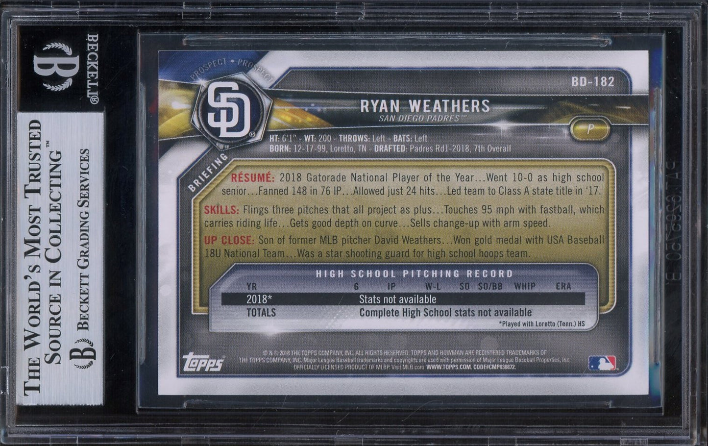 Ryan Weathers Signed 2018 Bowman Draft 1st Bowman #BD182 (BAS Authentic) - Rookie Card