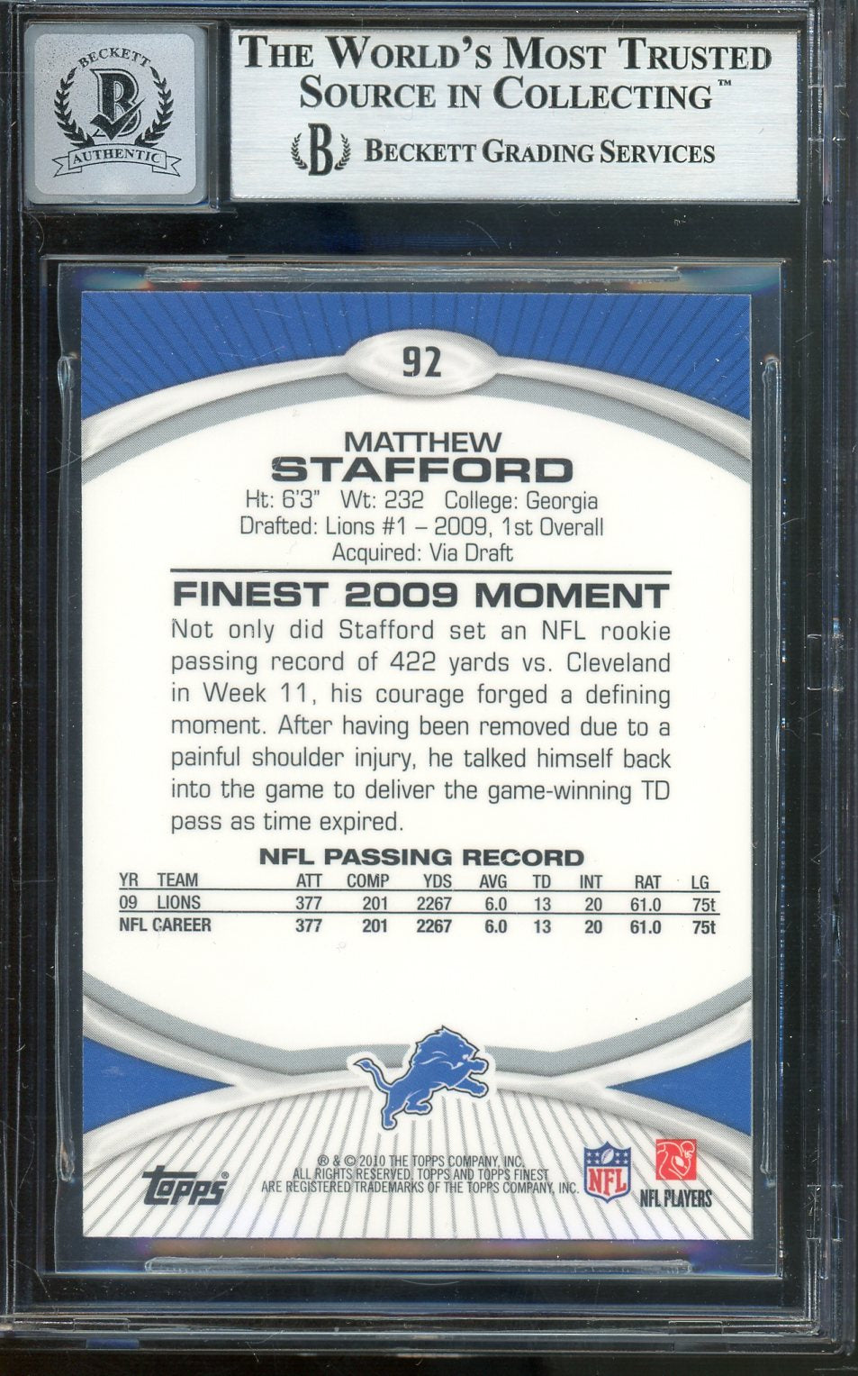 Matthew Stafford "2009 #1 Pick" Signed 2010 Topps Finest #92 - Autograph graded (BGS) 10 - Rookie Card