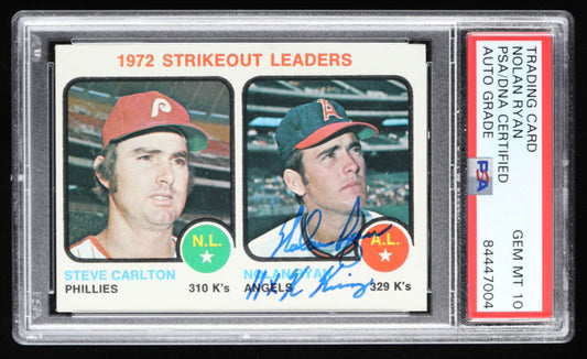 Nolan Ryan Signed Steve Carlton / Nolan Ryan 1973 Topps #67 Strikeout Leaders Inscribed "11x K King" - Autograph Graded (PSA) 10