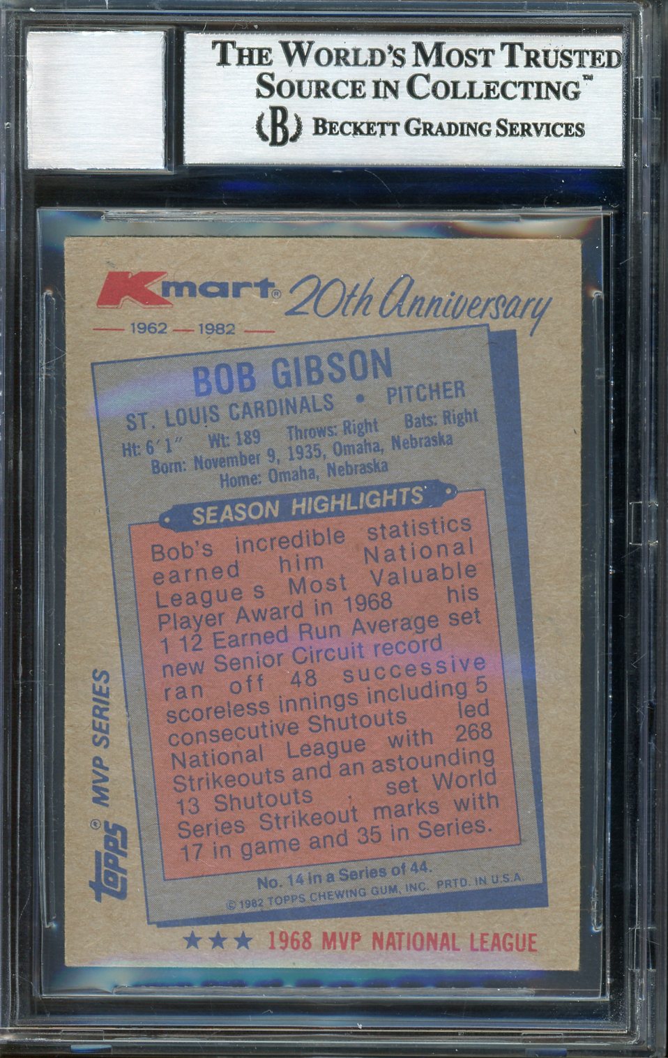 Bob Gibson Signed 1982 Topps K-Mart Baseball Card #14 - Auto Graded 10! (BAS Encapsulated)