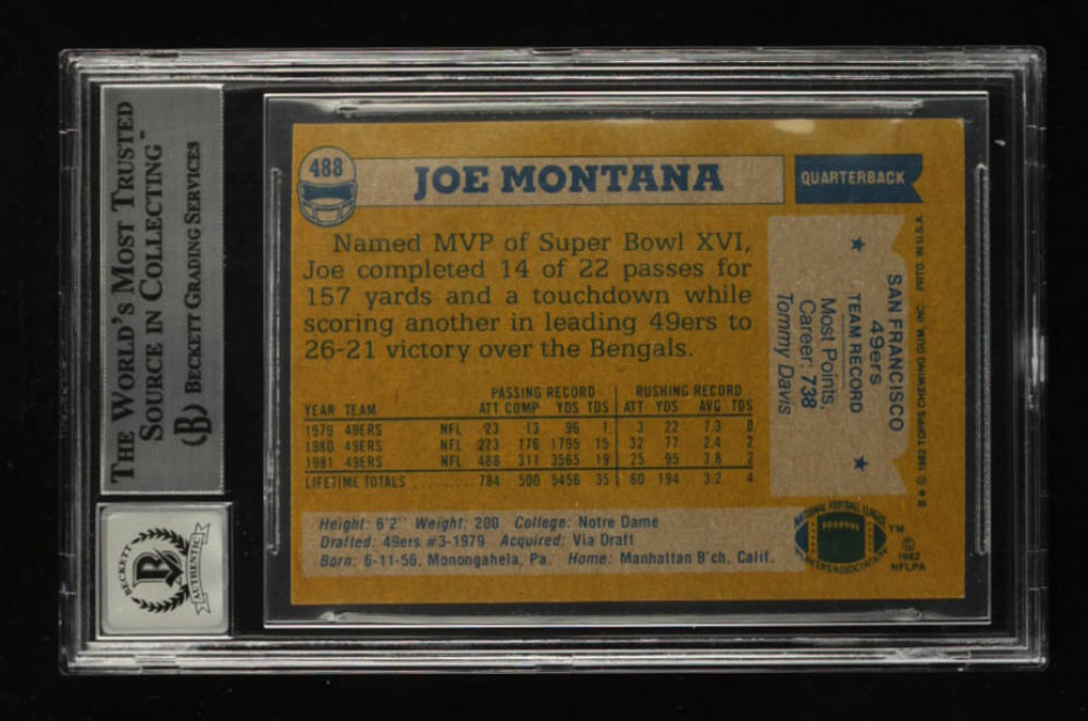 Joe Montana Signed 1982 Topps #488 AP Autograph Graded Beckett (BGS) 10