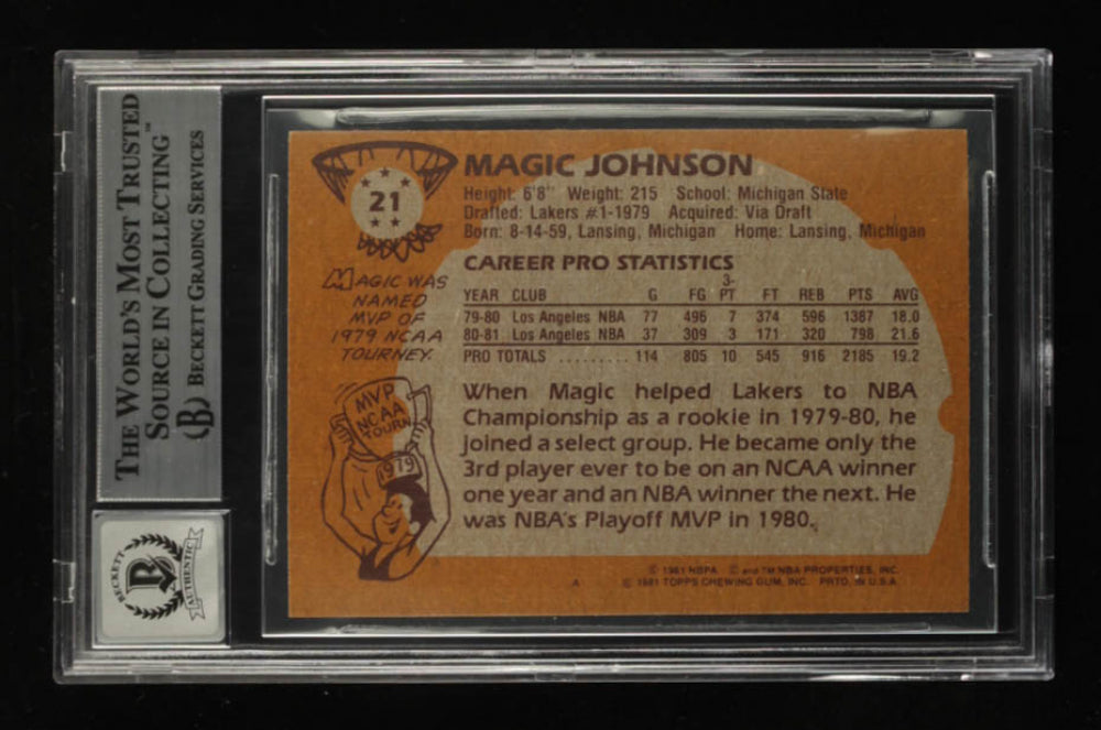 Magic Johnson Signed 1981-82 Topps #21 Autograph Graded Beckett (BGS) 10