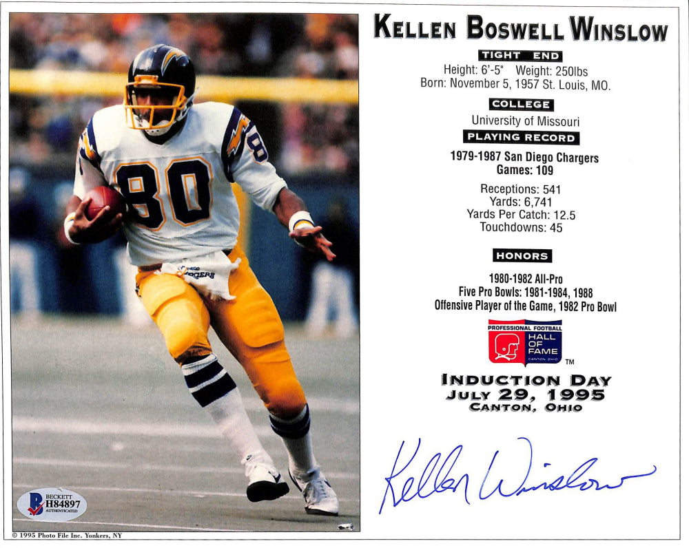 Kellen Winslow Signed Chargers 8x10 Induction Day Stat Card (Beckett)