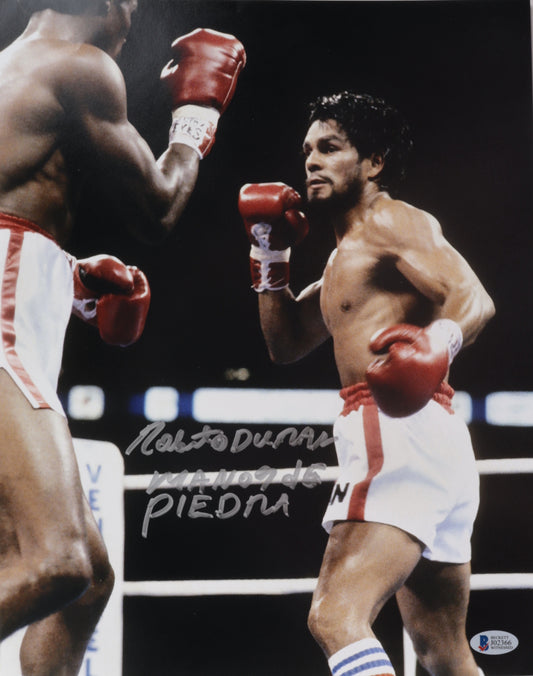 Roberto Duran Signed (Beckett COA) 11x14 Photo Inscribed "Manos De Piedra"