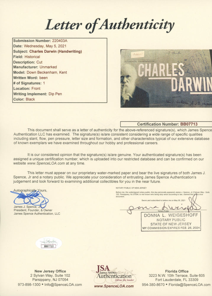 Charles Darwin Hand-Written Word (JSA LOA)