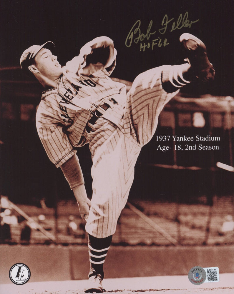 Bob Feller Signed Indians 8x10 Photo Inscribed "HOF 62" (Beckett COA)