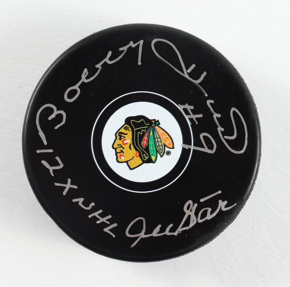 Bobby Hull Signed Blackhawks Logo Hockey Puck Inscribed "12x NHL All Star" (Schwartz Sports COA)