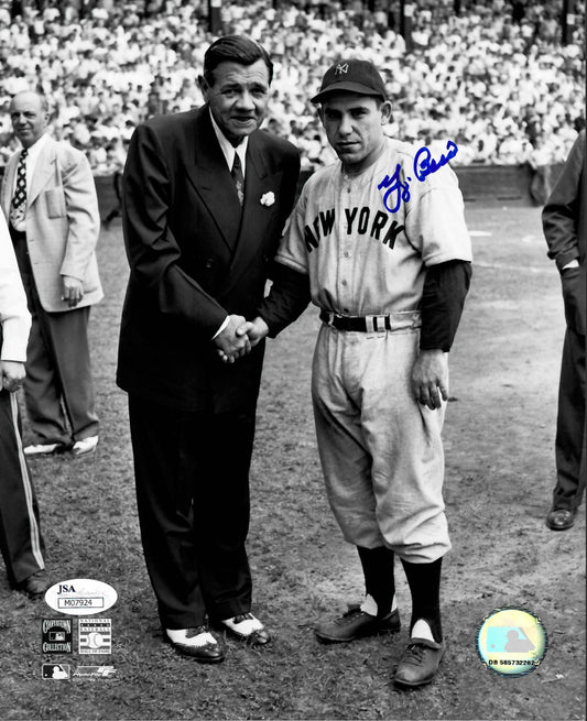 Yogi Berra Signed Yankees 8x10 Photo (With Babe Ruth) (JSA COA)