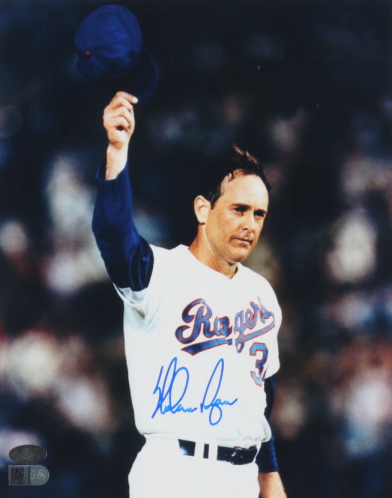 Nolan Ryan Signed Rangers 8x10 Photo (AIV Hologram & Ryan Hologram) - Ryan Tips His Hat to the Crowd After His 5000th Strikeout