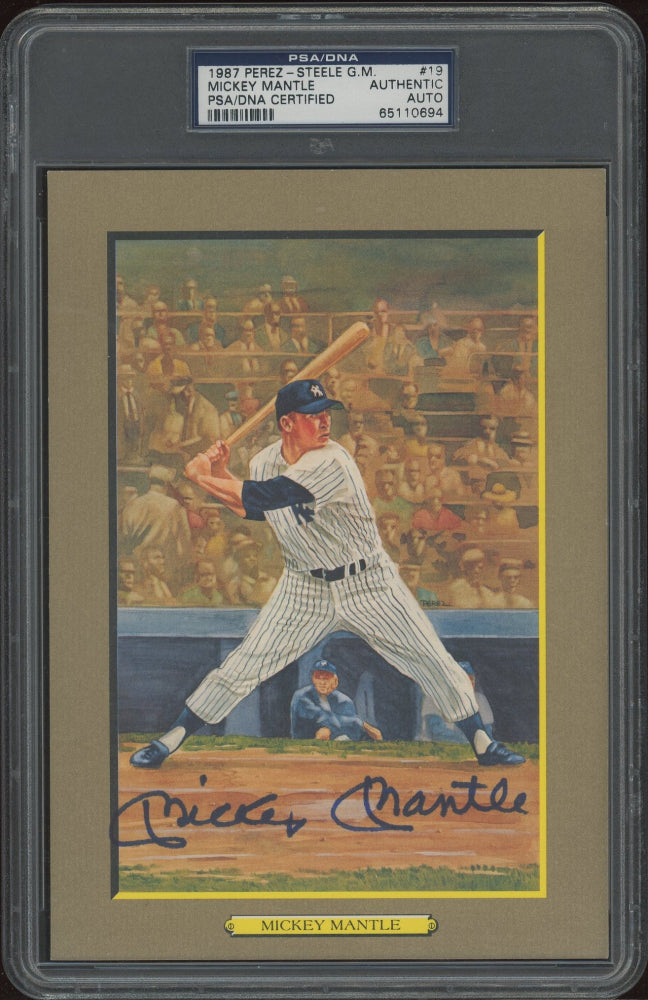 Mickey Mantle Signed (PSA) LE 1985-97 Perez-Steele Great Moments Postcard  #19 - Serially Numbered #2,892 / 5,000