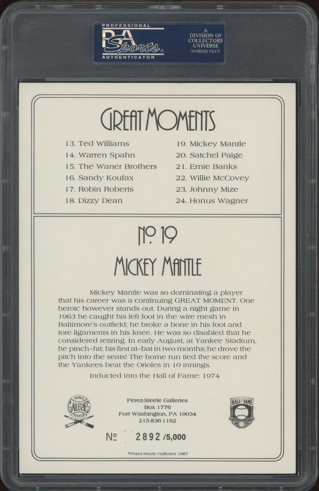 Mickey Mantle Signed (PSA) LE 1985-97 Perez-Steele Great Moments Postcard  #19 - Serially Numbered #2,892 / 5,000