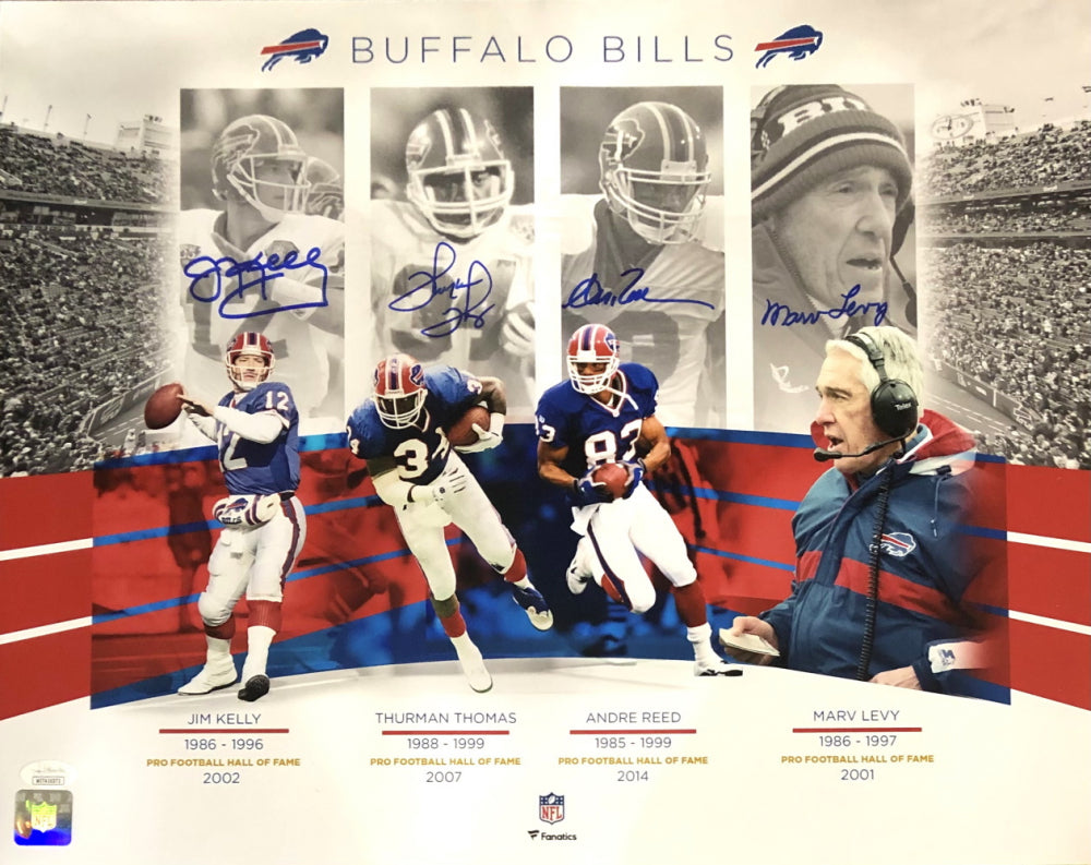 Bills 16x20 Photo Team-Signed (JSA COA) by (4) with Jim Kelly, Thurman Thomas, Andre Reed & Marv Levy