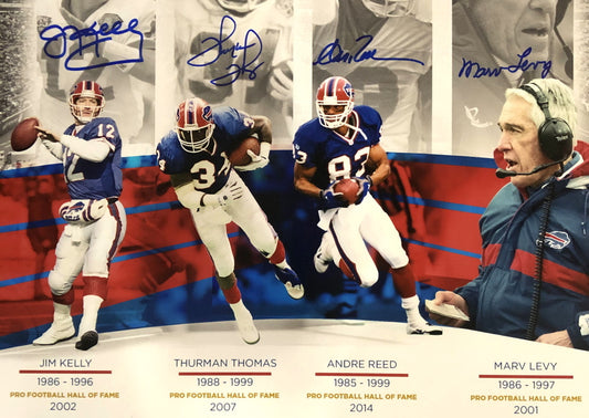 Bills 16x20 Photo Team-Signed (JSA COA) by (4) with Jim Kelly, Thurman Thomas, Andre Reed & Marv Levy