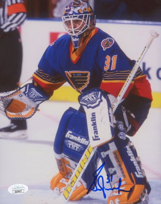 Grant Fuhr Signed Blues 8x10 Photo (JSA COA)