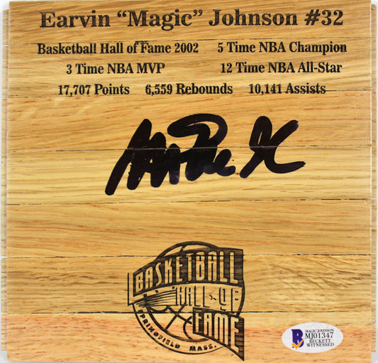Magic Johnson Signed (Johnson) 6x6 Custom Engraved Wood Floorboard Piece - Beckett Witnessed