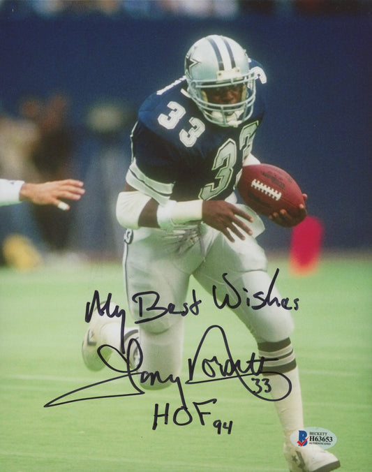 Tony Dorsett Signed (Beckett COA) Cowboys 8x10 Photo Inscribed "My Best Wishes" & "HOF 94"