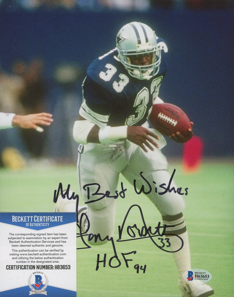 Tony Dorsett Signed (Beckett COA) Cowboys 8x10 Photo Inscribed "My Best Wishes" & "HOF 94"