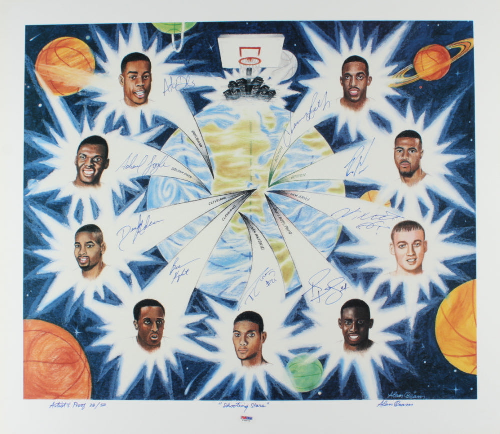 "Shooting Stars" 23.5x26.5 LE Lithograph Signed by (9) with Tim Duncan, Chauncey Billups, Keith Van Horn, Tim Thomas (PSA COA) Limited Edition #38 / 50