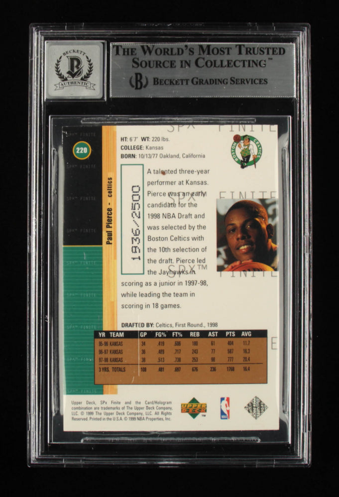 Paul Pierce Signed 1998-99 SPx Finite #220 Inscribed "HOF 21" Serially Numbered #1936 / 2500 - Autograph Graded BGS 10 - Rookie Card