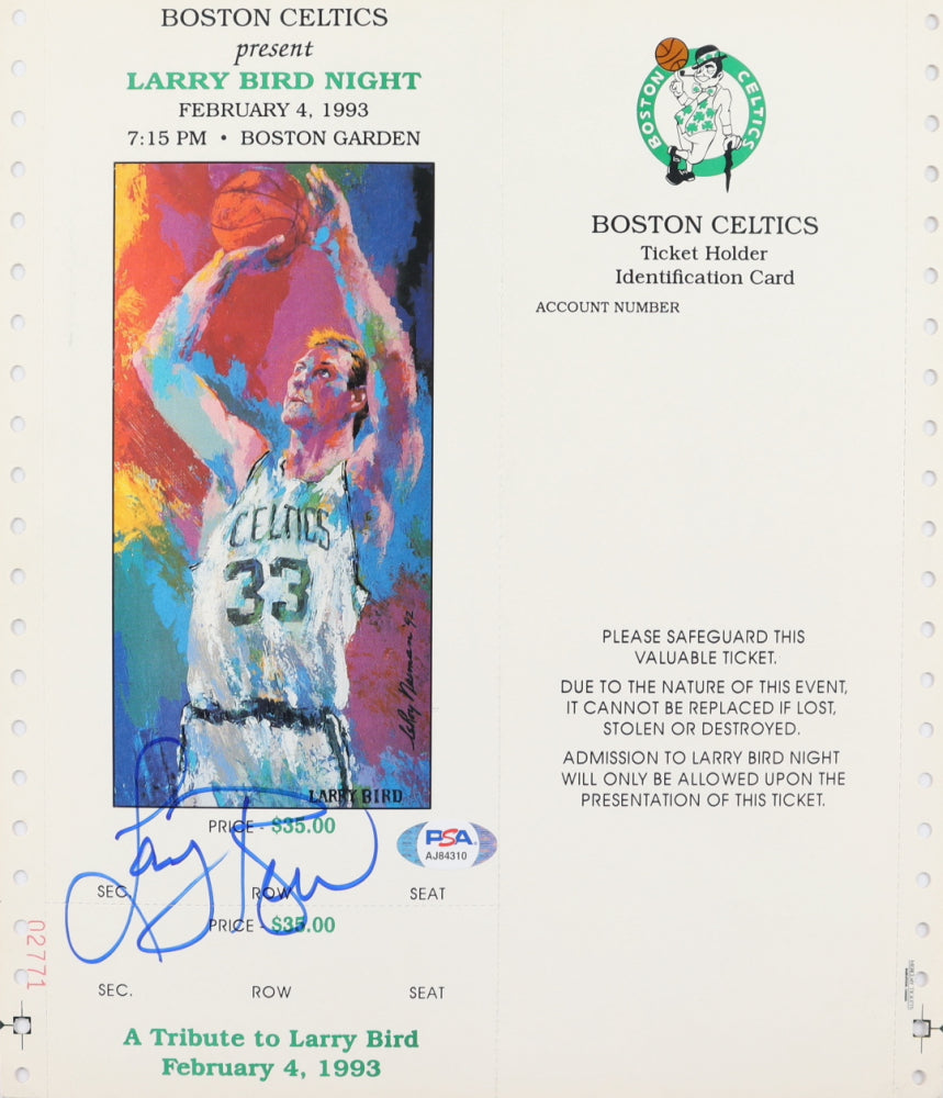 Larry Bird Signed (PSA COA) Boston Garden "Larry Bird Night" Uncut Ticket with LeRoy Neiman Art