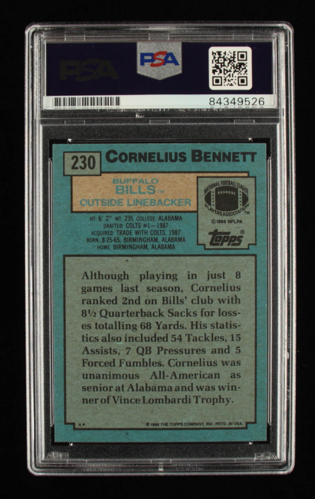 Cornelius Bennett Signed 1988 Topps #230 - Inscribed "5x Pro Bowl" (PSA Encapsulated) Rookie Card