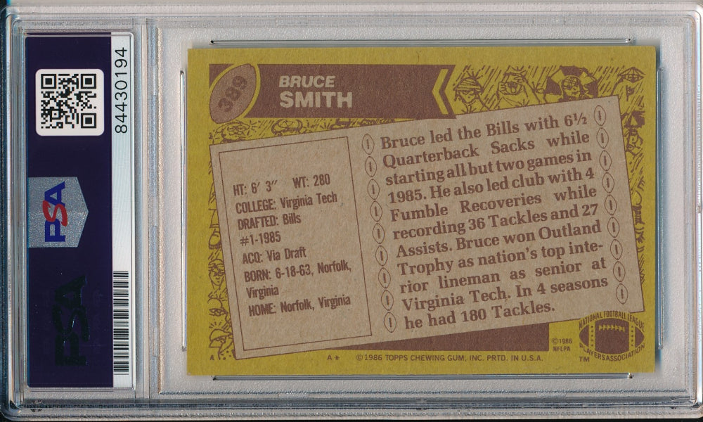 Bruce Smith Signed 1986 Topps #389 (PSA) - Rookie Card