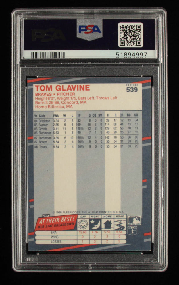 Tom Glavine Signed 1988 Fleer #539 (PSA) - Rookie Card