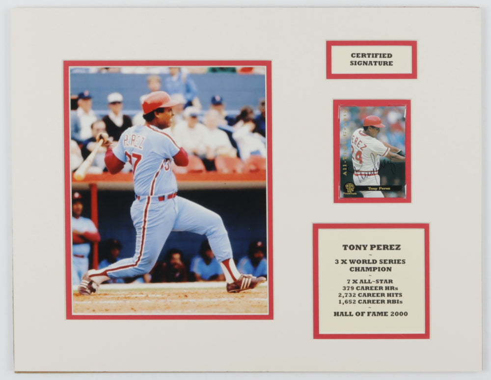 Tony Perez Signed (JSA COA) Reds 14x18 Custom Matted Baseball Card Display with 1993 Front Row Premium All Time Greats #1