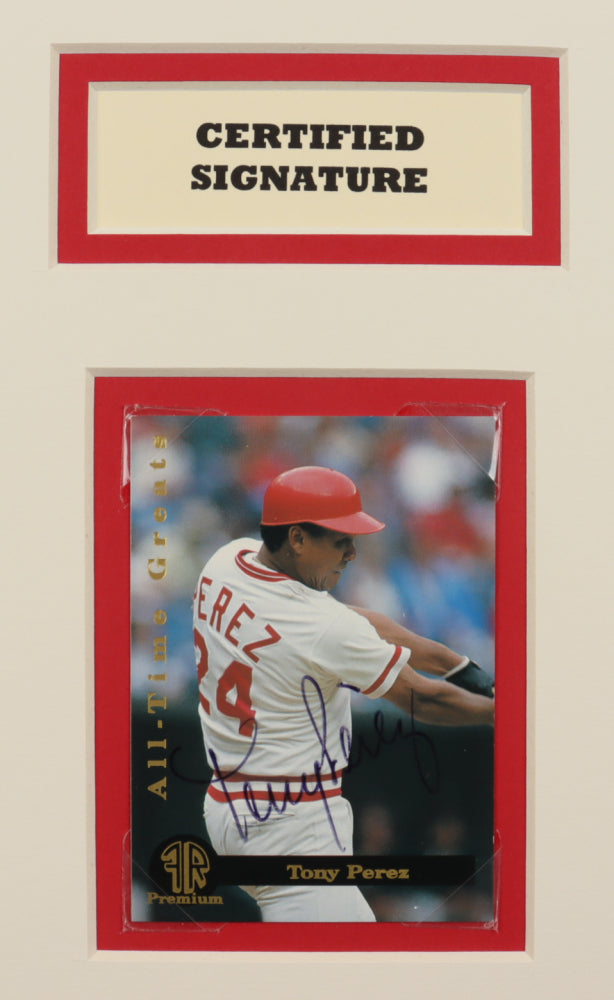 Tony Perez Signed (JSA COA) Reds 14x18 Custom Matted Baseball Card Display with 1993 Front Row Premium All Time Greats #1