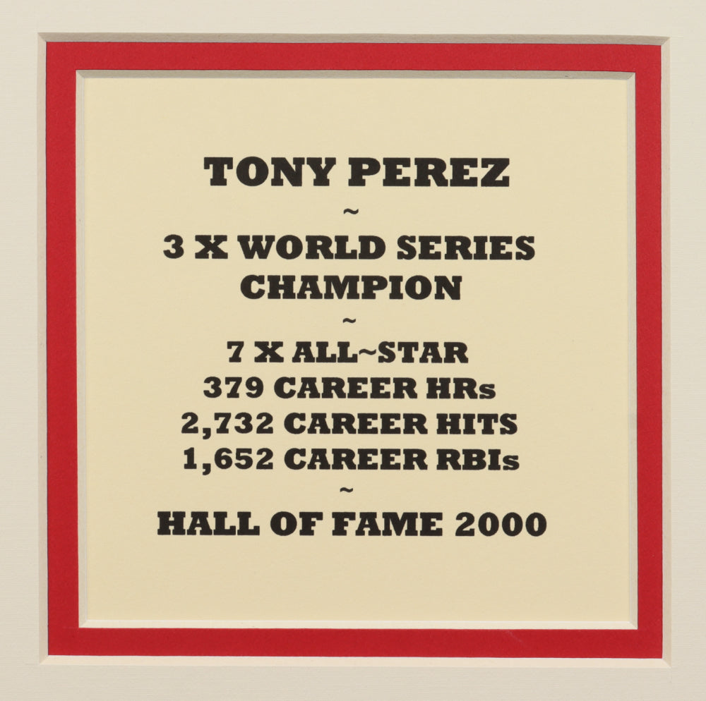 Tony Perez Signed (JSA COA) Reds 14x18 Custom Matted Baseball Card Display with 1993 Front Row Premium All Time Greats #1