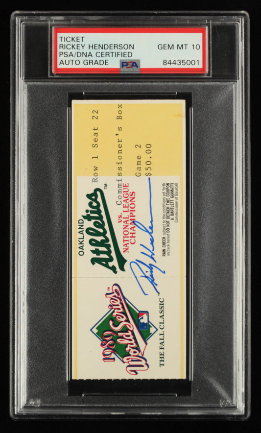 Rickey Henderson Signed 1989 World Series Game 2 Ticket - Autograph Graded PSA 10