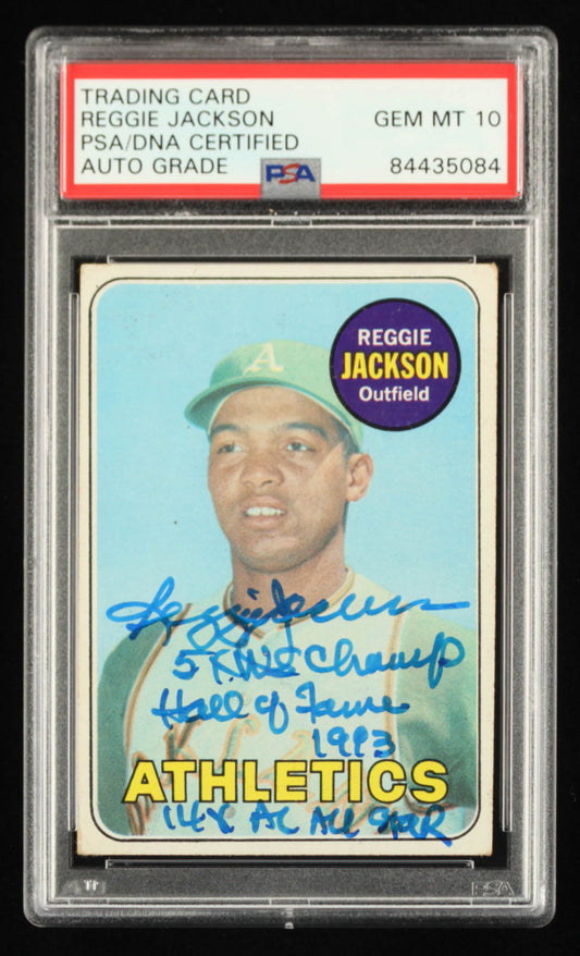 Reggie Jackson Signed 1969 Topps #260 Inscribed "5x W.S. Champ", "Hall of Fame 1993" & "14x AL All Star" - Autograph Graded PSA 10 - Rookie Card