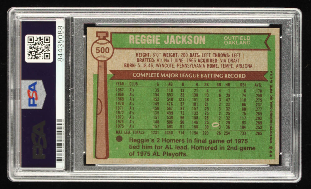 Reggie Jackson Signed 1976 Topps #500 - Autograph Graded PSA 10