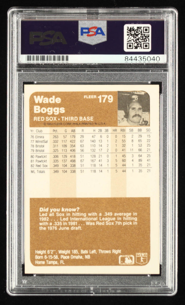 Wade Boggs Signed 1983 Fleer #179 - Autograph Graded PSA 10 - Rookie Card