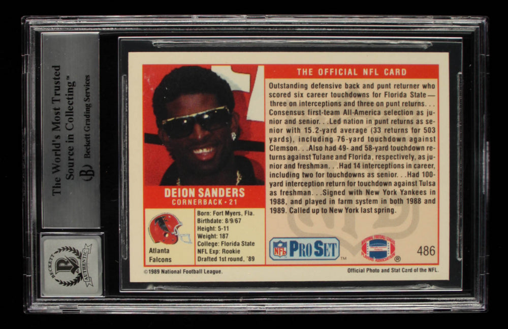 Deion Sanders Signed 1989 Pro Set #486 - Autograph Graded Beckett 10 - Rookie Card