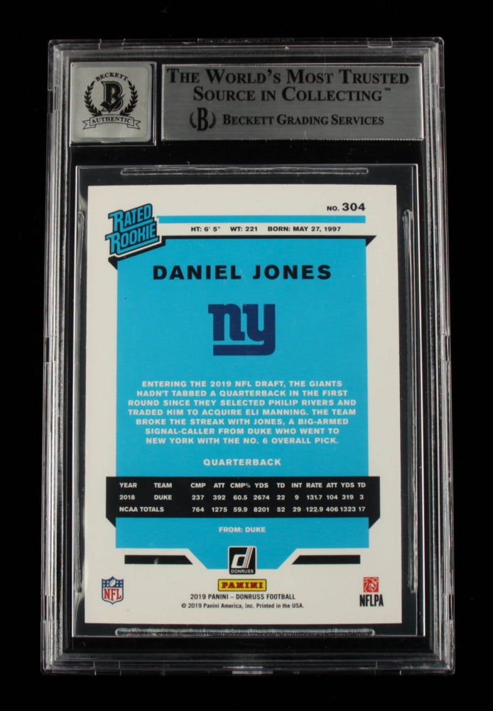 Daniel Jones Signed 2019 Donruss #304 RR - Autograph Graded Beckett (BGS) 10 - Rookie Card