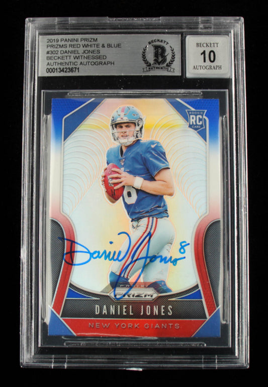 Daniel Jones Signed 2019 Panini Prizm Prizms Red White and Blue #302 - Autograph Graded Beckett (BGS) 10 - Rookie Card