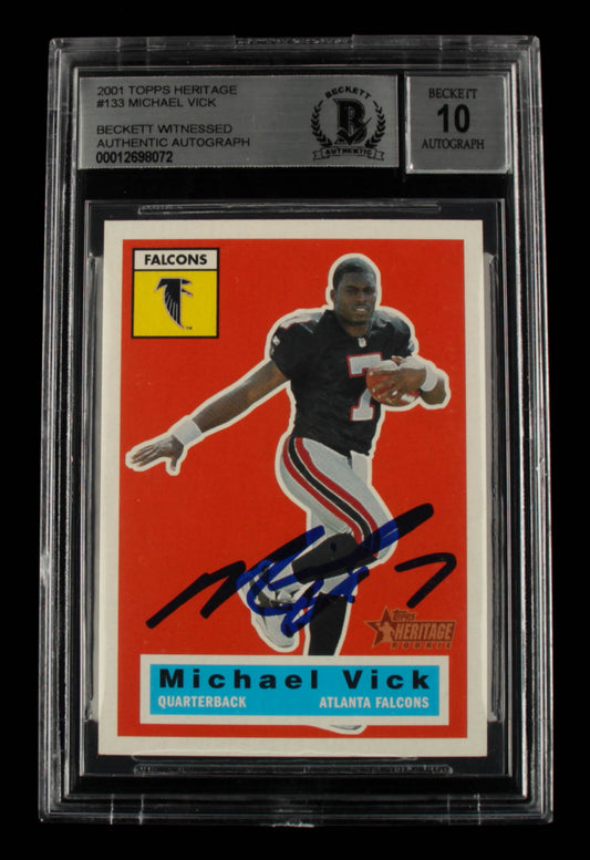 Michael Vick Signed 2001 Topps Heritage #133 Serially Numbered #413 / 1956 - Autograph Graded Beckett 10 - Rookie Card