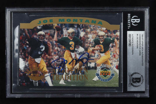 Joe Montana Signed 1993-97 Upper Deck Authenticated Commemorative Cards #4 / Notre Dame Tradition (BGS & Montana Hologram) Numbered #1,667 / 10,000