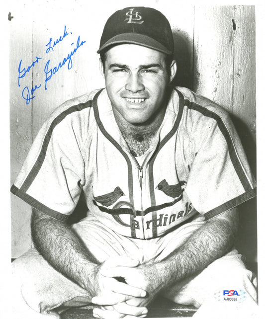 Joe Garagiola Sr. Signed (PSA) Cardinals 8x10 Photo Inscribed "Good Luck"
