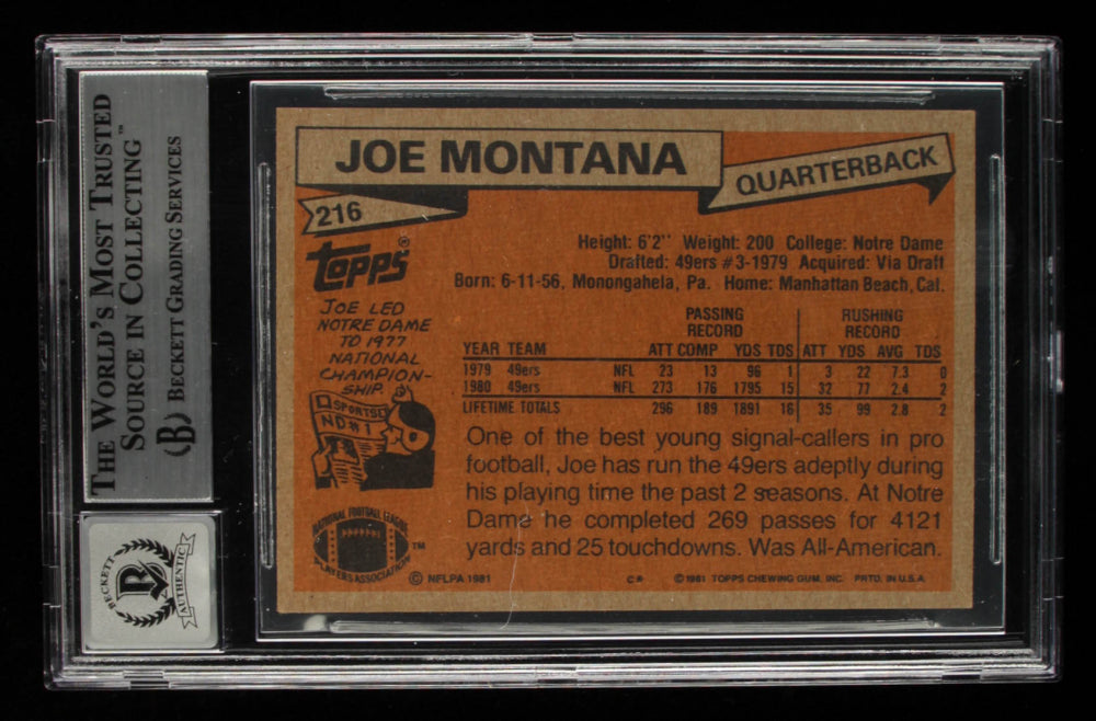 Joe Montana Signed 1981 Topps #216 RC (BGS Encapsulated) Autograph Graded Beckett 10 - Rookie Card