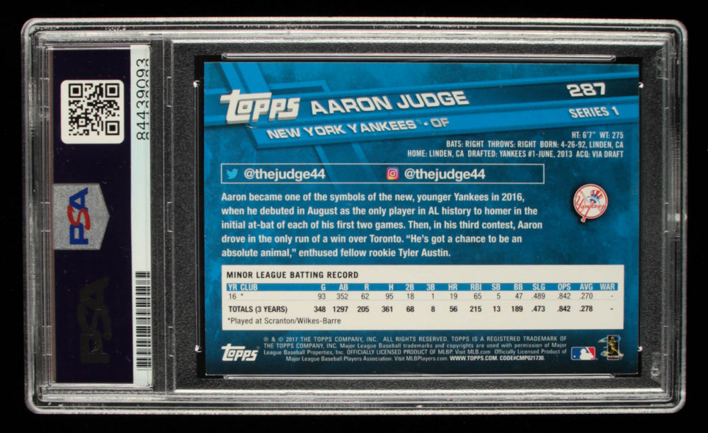 Aaron Judge Signed 2017 Topps #287A - Autograph Graded PSA (10) - Rookie Card