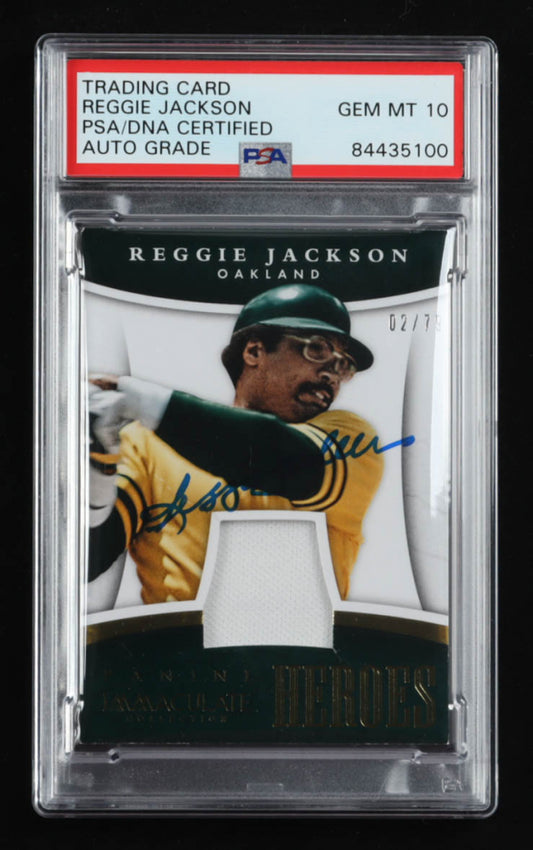 Reggie Jackson Signed 2015 Immaculate Collection Immaculate Heroes Materials #17 Serially Numbered #02 / 79 | Autograph Graded PSA 10