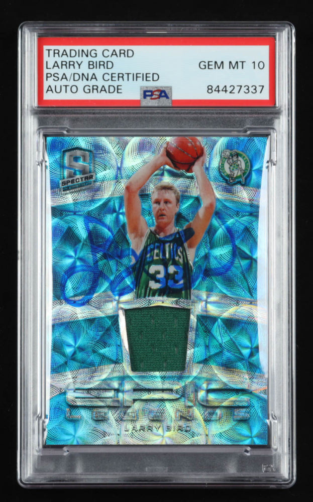 Larry Bird Signed 2018-19 Panini Spectra Epic Legends Memorabilia Neon Blue #18 Serially Numbered #19 / 49 | Autograph Graded PSA 10