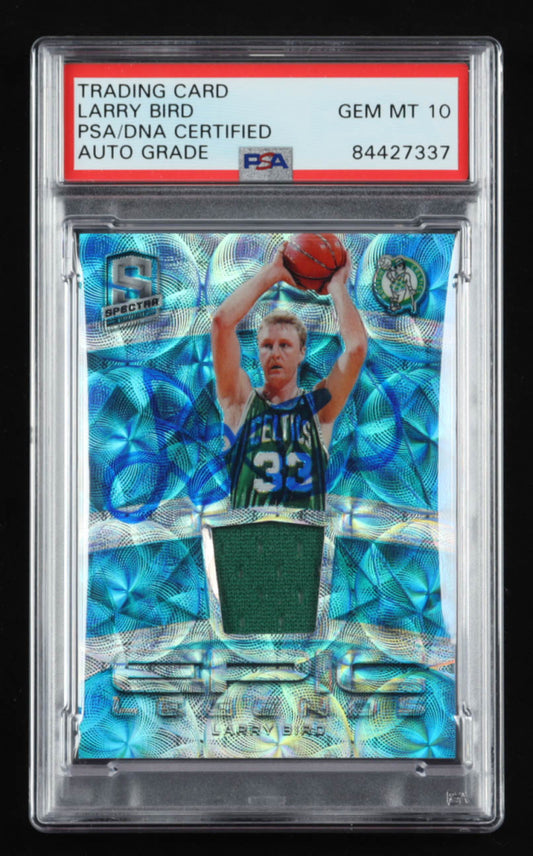 Larry Bird Signed 2018-19 Panini Spectra Epic Legends Memorabilia Neon Blue #18 Serially Numbered #19 / 49 | Autograph Graded PSA 10