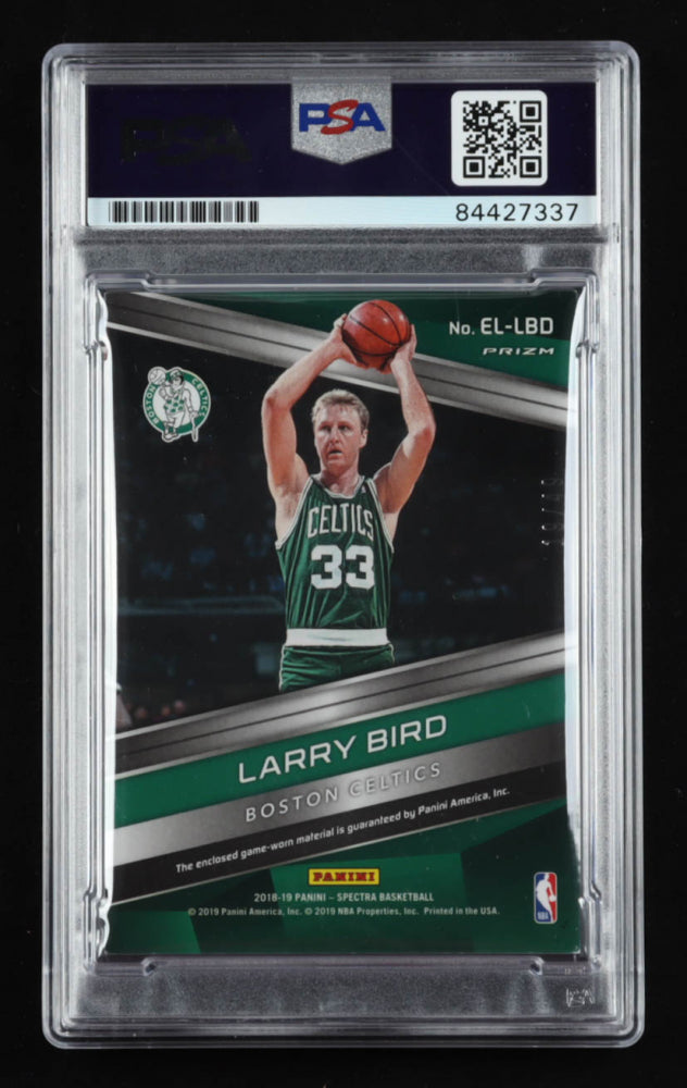 Larry Bird Signed 2018-19 Panini Spectra Epic Legends Memorabilia Neon Blue #18 Serially Numbered #19 / 49 | Autograph Graded PSA 10